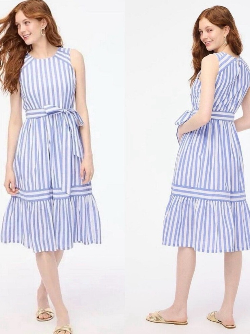 J.Crew Sleeveless Blue and White Stripe Tie-Waist Midi Dress